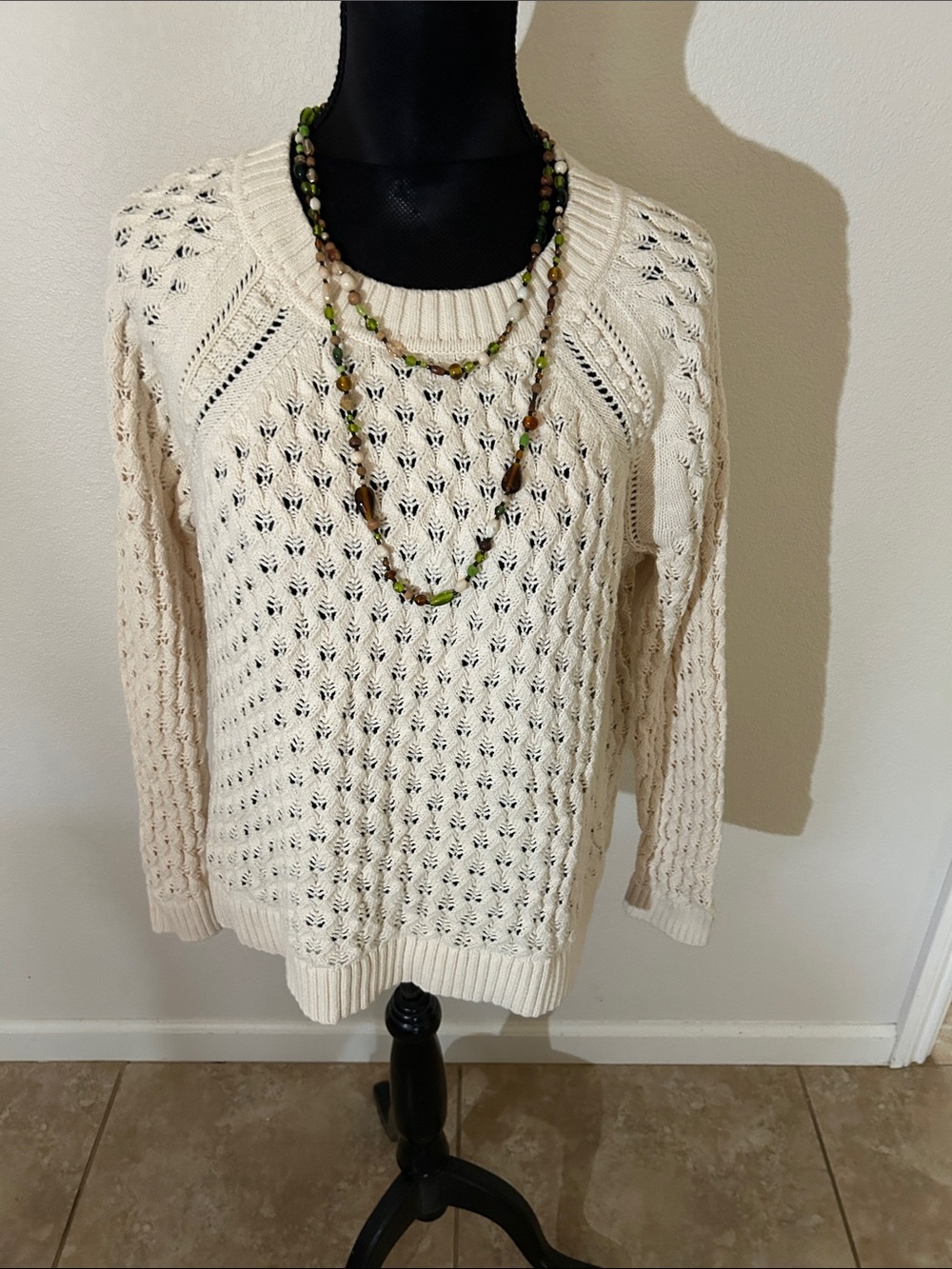LOFT Cream Open-Work Crewneck Sweater